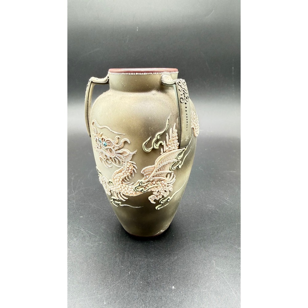 Antique Nippon Moriage Dragon Vase Hand Painted Japanese Porcelain 3 Handle 5in